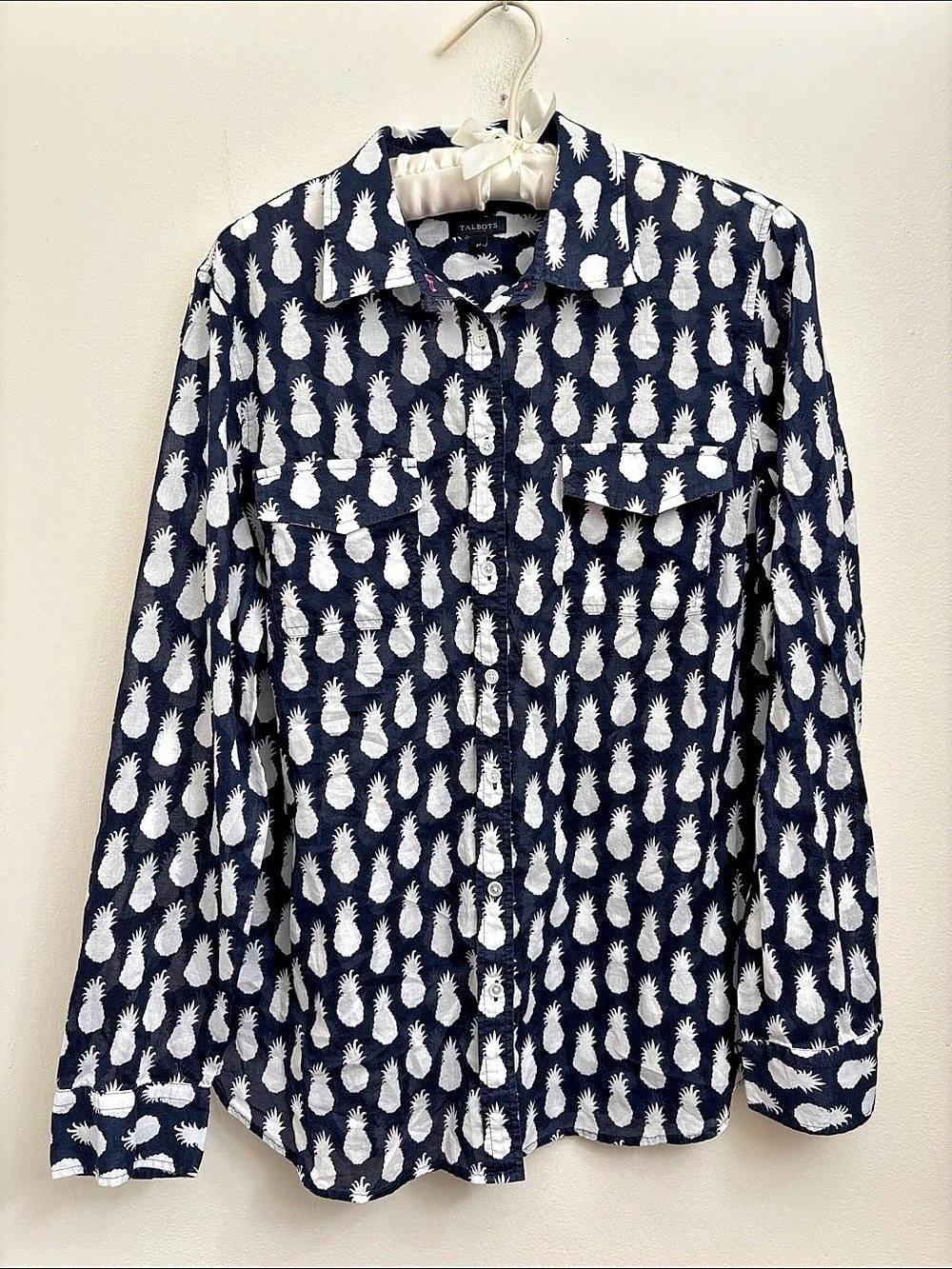 Talbots Pineapple Cotton Button-Front Shirt Medium